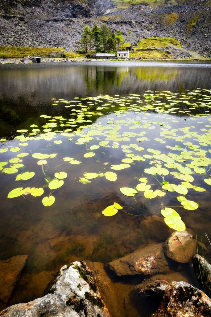 Walking with Your Camera Photographic Workshop from Welshot and Team Leader Helen Iles - Photo is a White House, Trees and Welsh Slate Quarry reflected into the Lake at Cwmorthin