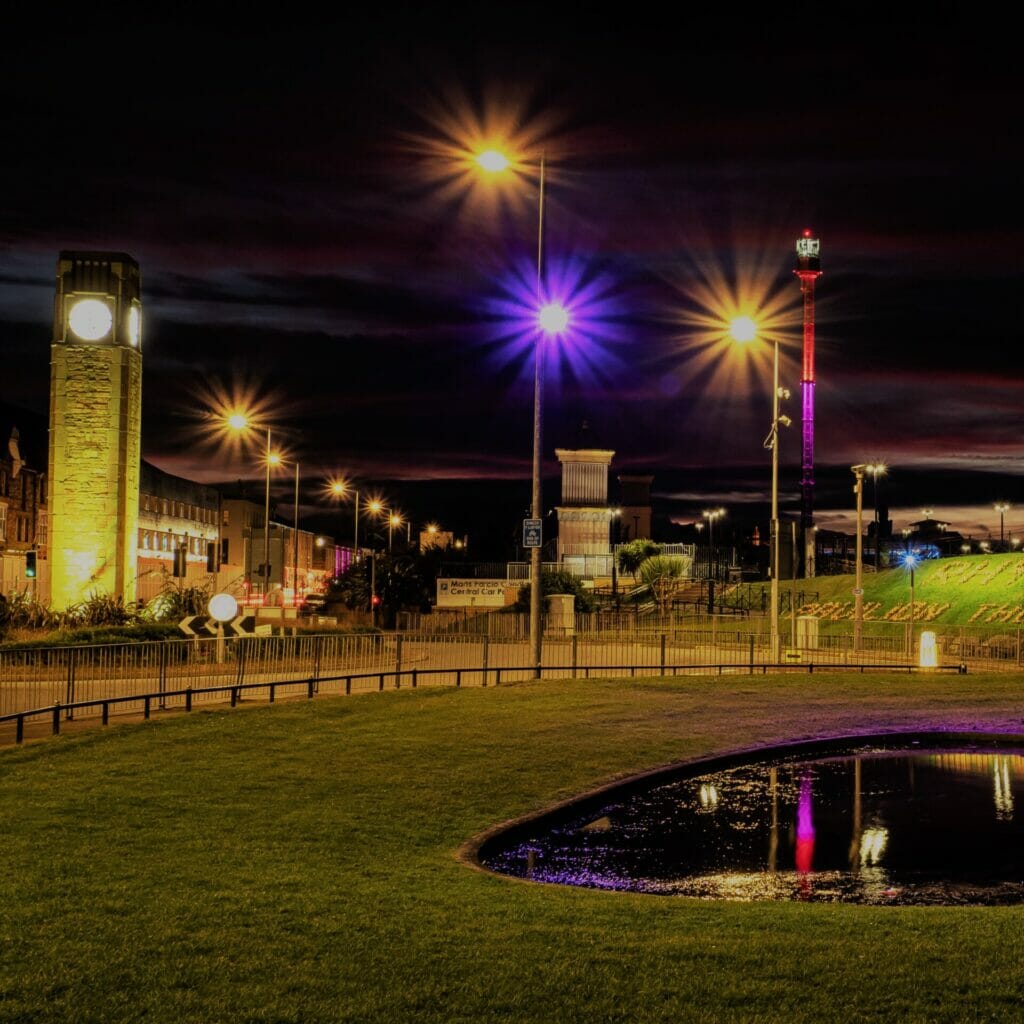 Low Light Photograph taken on the main road in Rhyl North Wales showing the clock tower