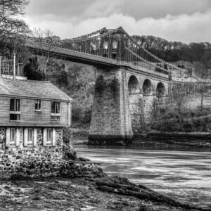 Anglesey Bridges at Night - Low-Light Photography - Square Black and White Image of the Menai Bridge taken from the Belgium Prom