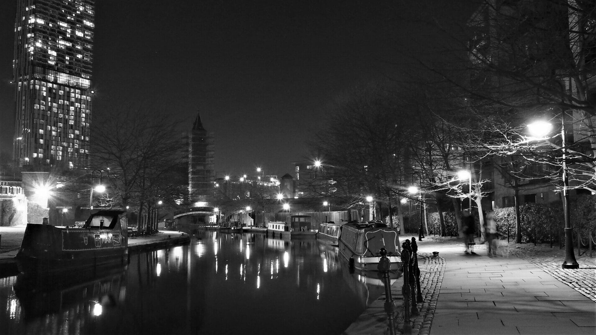 Black and White Photograph showing the Manchester Skyline from the Castlefield Canal Basin Creative Cityscape Photography