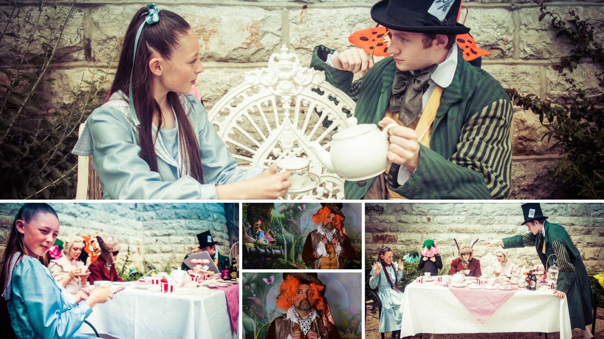 Mad Hatter & Alice - Themed Photo-Shoot - A montage of five images showing Alice in Wonderland and the Mad Hatter